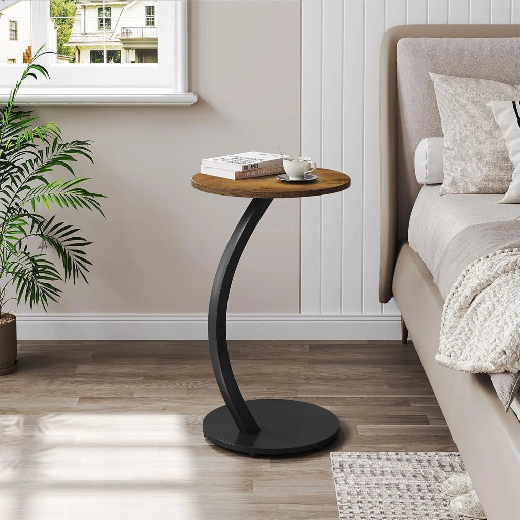 Tavolino Rotondo a Forma di C, Tavolino per Divano Letto, con Struttura in Metallo Piano in MDF, φ40xH65 cm, Nero, BTS21sz