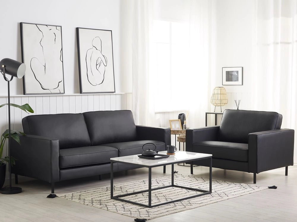 Set Divani In Pelle Nera Divano 3 Posti Poltrona Minimalista Moderno