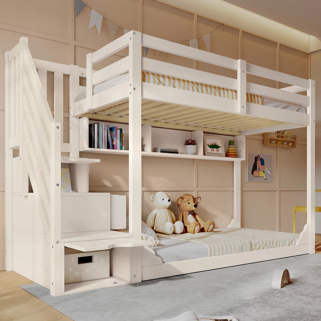 LETTO a castello 90x200 cm in legno bianco con armadio scala e contenitori