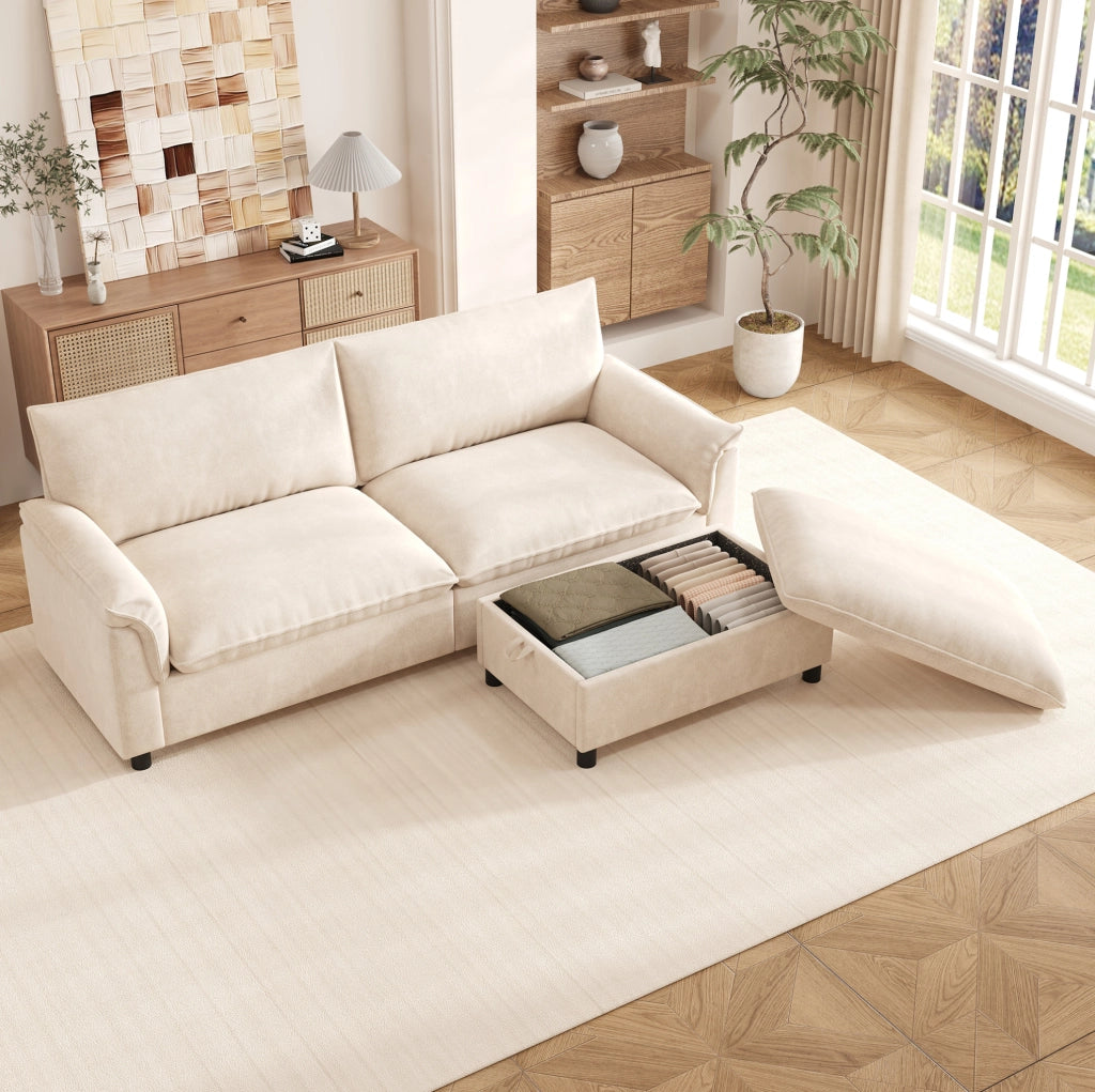 Divano modulare con pouf mobile e vano contenitore, colore beige