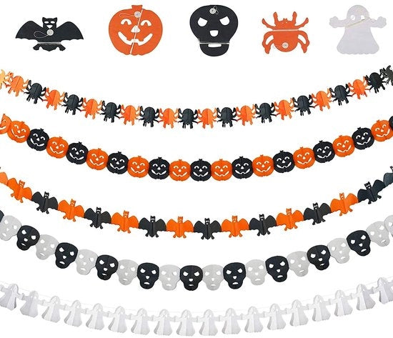 Decorazione di Halloween a 3 Metri - 5 Pezzi - Bandiera di Zucca/Vampiro - Bandiera di Ragni/Scheletro - Avviso di Sicurezza - Decorazione di Festa
