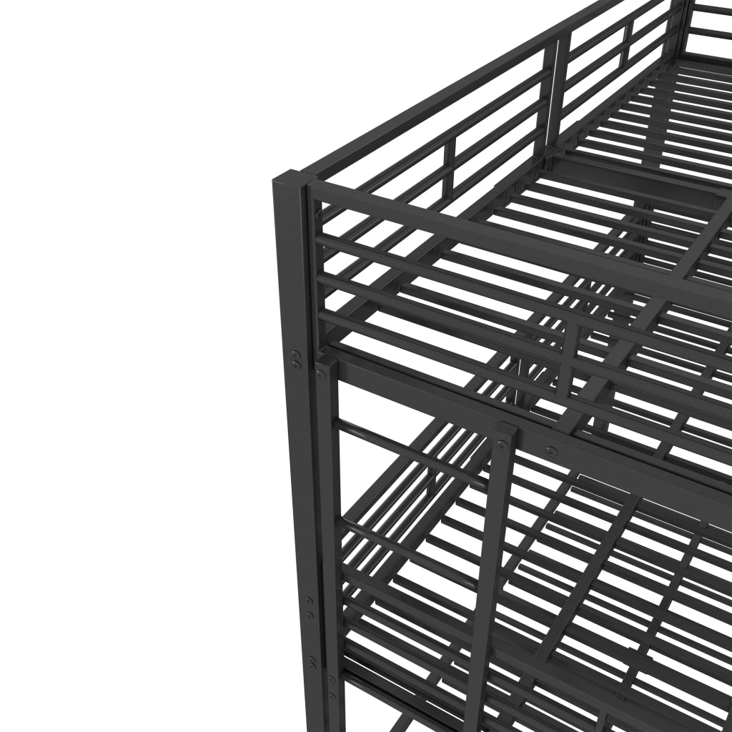 Letto a Castello Triplo 3 Posti con 2 Scale e Sponde; 90×200 cm; senza Materasso; in Metallo; Nero