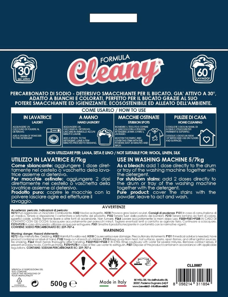CLEANY Percarbonato di Sodio Puro per Bucato, Ossigeno Attivo, Smacchiatore ad Azione Sbiancante Igienizzante Naturale, Antimuffa, Bag Richiudibile 500g