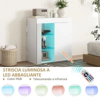 Mobile Contenitore a LED con 3 Ripiani Aperti e Armadietto a 2 Livelli, in Legno e Vetro, 75x40.1x83 cm, Bianco