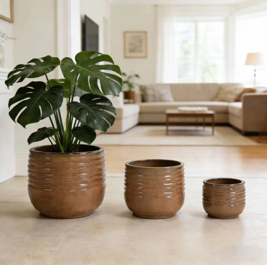 Set di 3 Vasi da Giardino in Ceramica Artigianale Ø36/26/20 cm, Glassa Marrone Chiaro Lucida con Righe Orizzontali, Traspiranti e Resistenti al Gelo, con Foro di Drenaggio