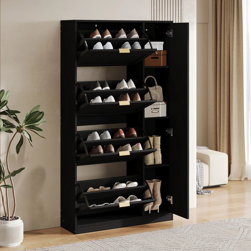 Scarpiera con specchi; 4 scomparti estraibili e ripiani regolabili; 80 x 147 x 24 cm; nera