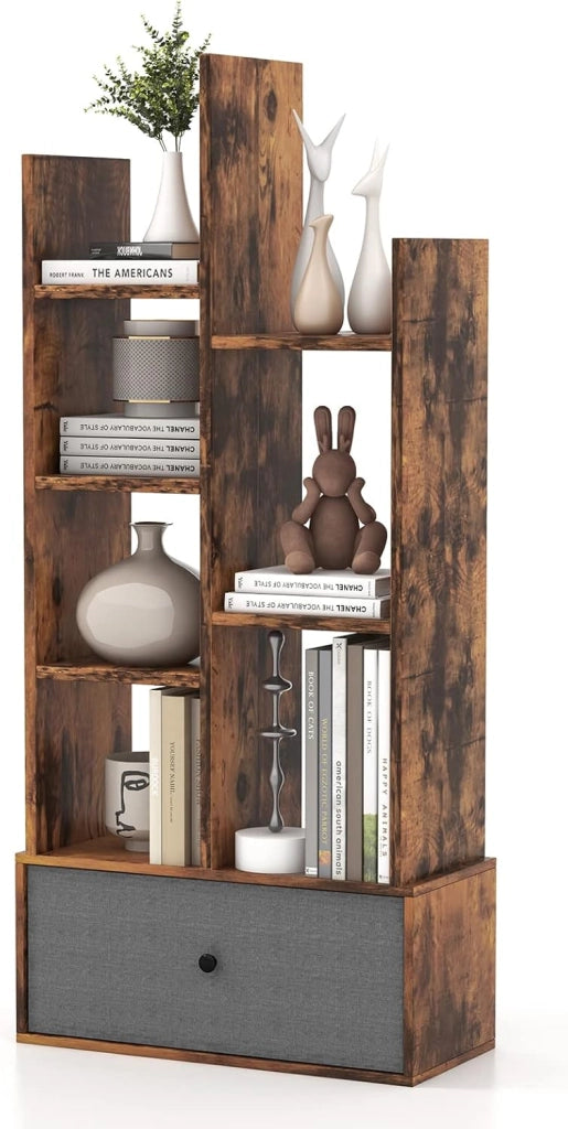Libreria in Legno a 7 Piani, Scaffale Multifunzionale con 1 Cassetto e 7 Scomparti, Scaffale Espositivo per Soggiorno Studio Ufficio, 53x24x118 cm (Marrone, 1 cassetto)