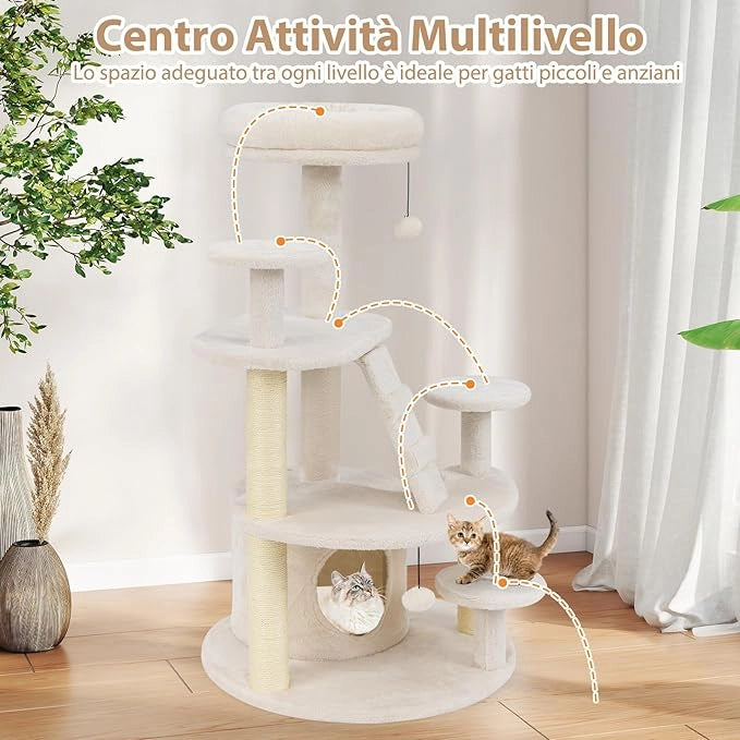 Albero per Gatti Adulti, Torre per Gatti Alta 101 cm con Condominio, Piattaforma Imbottita, Tiragraffi, Pallina di Peluche Pendente e Scala, Albero Tiragraffi in Legno per Interno (Bianco)