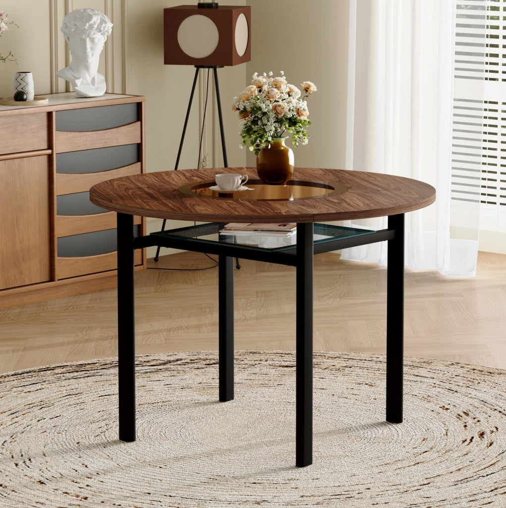 Tavolo rotondo 100 cm in MDF con inserto in vetro e struttura in metallo; marrone/nero
