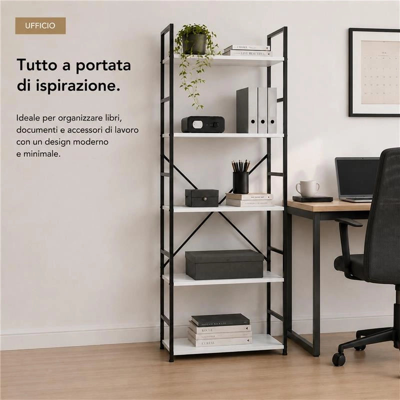 LIBRERIA STILE INDUSTRIAL A 5 RIPIANI IN LEGNO E METALLO DIMENSIONI 59X24X144CM - COLORE BIANCO LEGNO