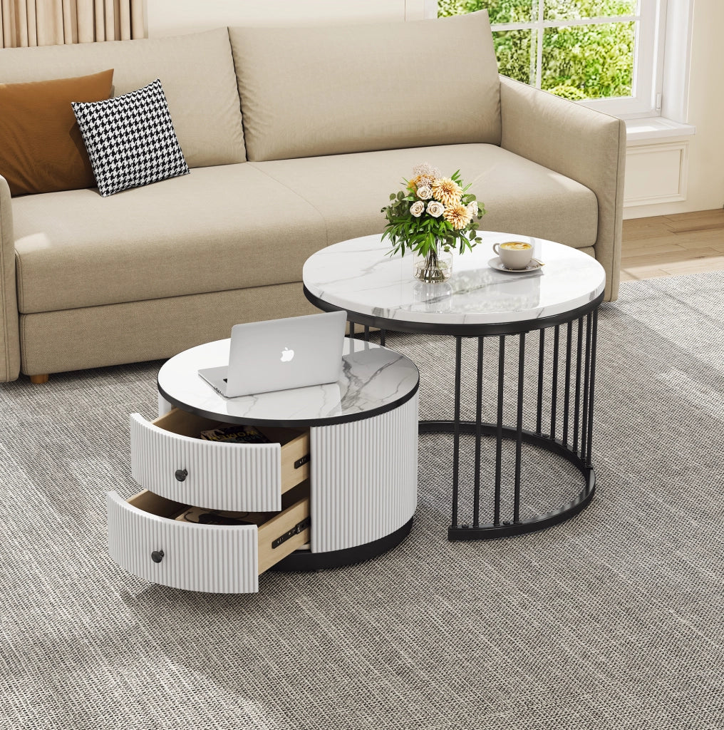 Set di 2 tavolini da caffè rotondi con finitura effetto marmo lucido; bianco e nero; MDF