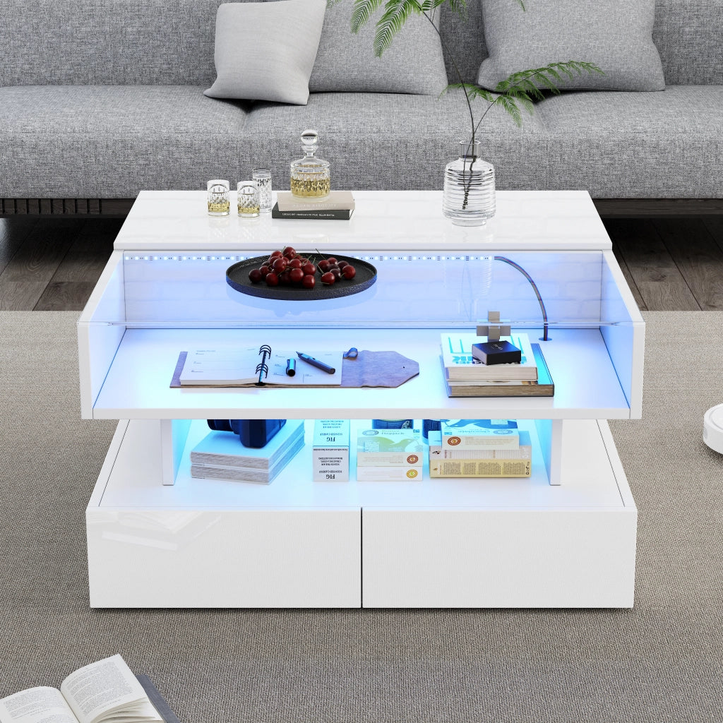 Tavolino da caffè 80x80x45 cm; sollevabile con LED e 2 cassetti; pannello truciolare e vetro temperato bianco