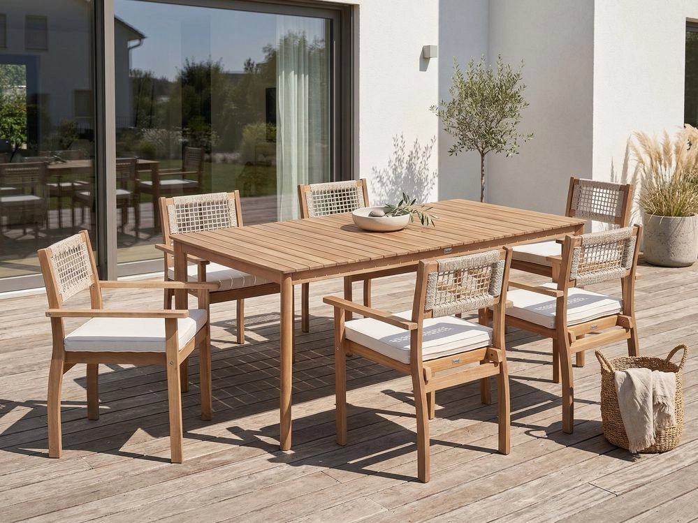 Tavolo da pranzo da giardino in legno di acacia marrone chiaro 180 x 100 cm per 6 persone, rettangolare, stile rustico, per esterni
