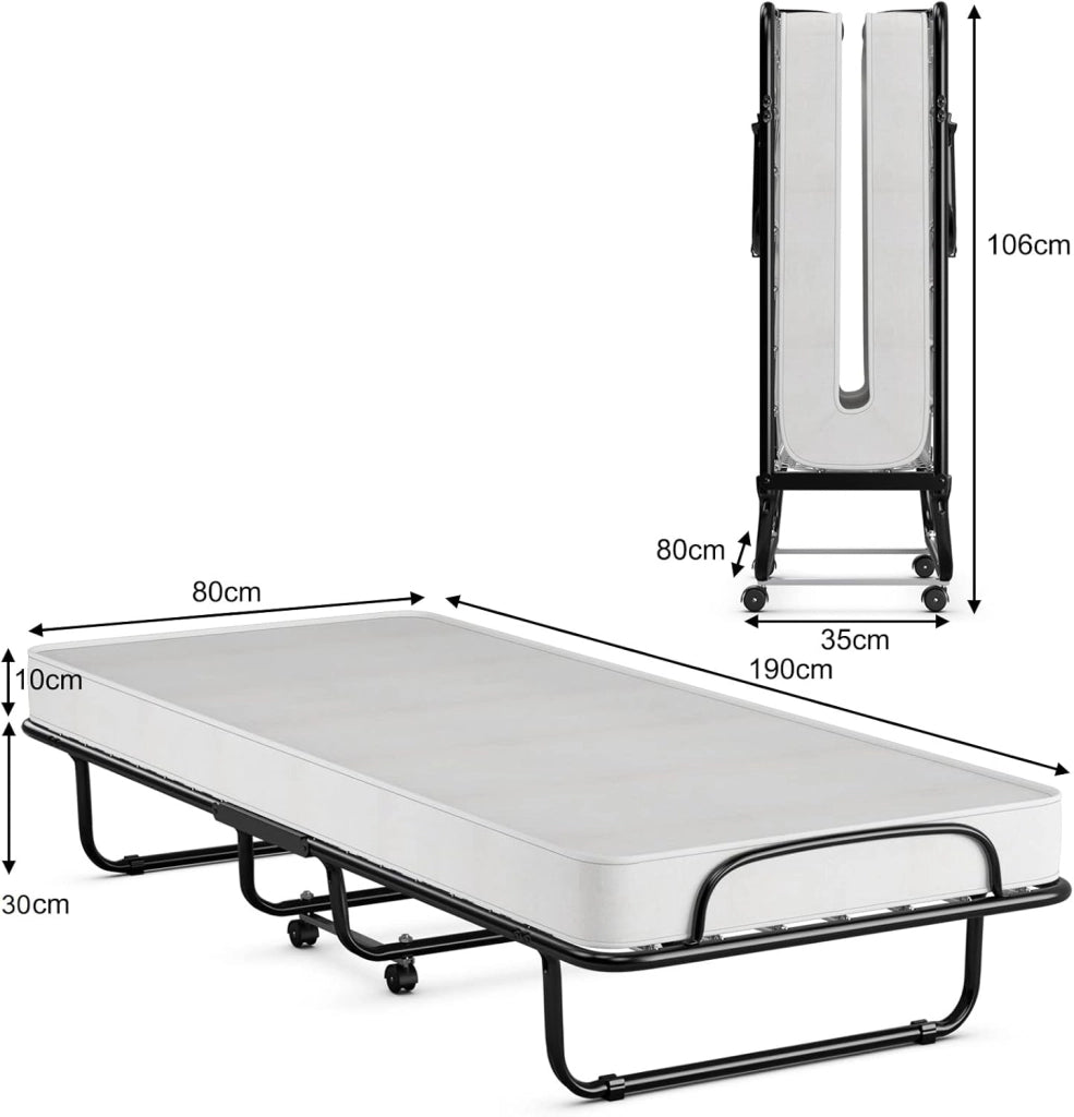 Letto Singolo Pieghevole, Portata di 120 kg, Letto Pieghevole con Materasso e 4 Ruote, 4 Gambe in Mettallo, Fibbia Fissata, 80 x 190 cm, Materasso di 10 cm, Ideale per Viaggio e di Riserva