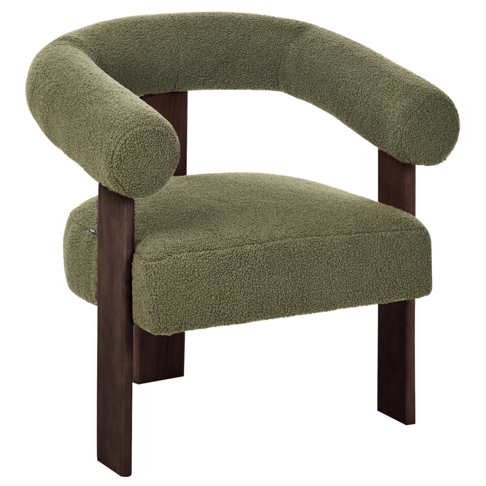 Poltrona verde e marrone scuro con rivestimento in bouclé design retrò gambe in legno per soggiorno