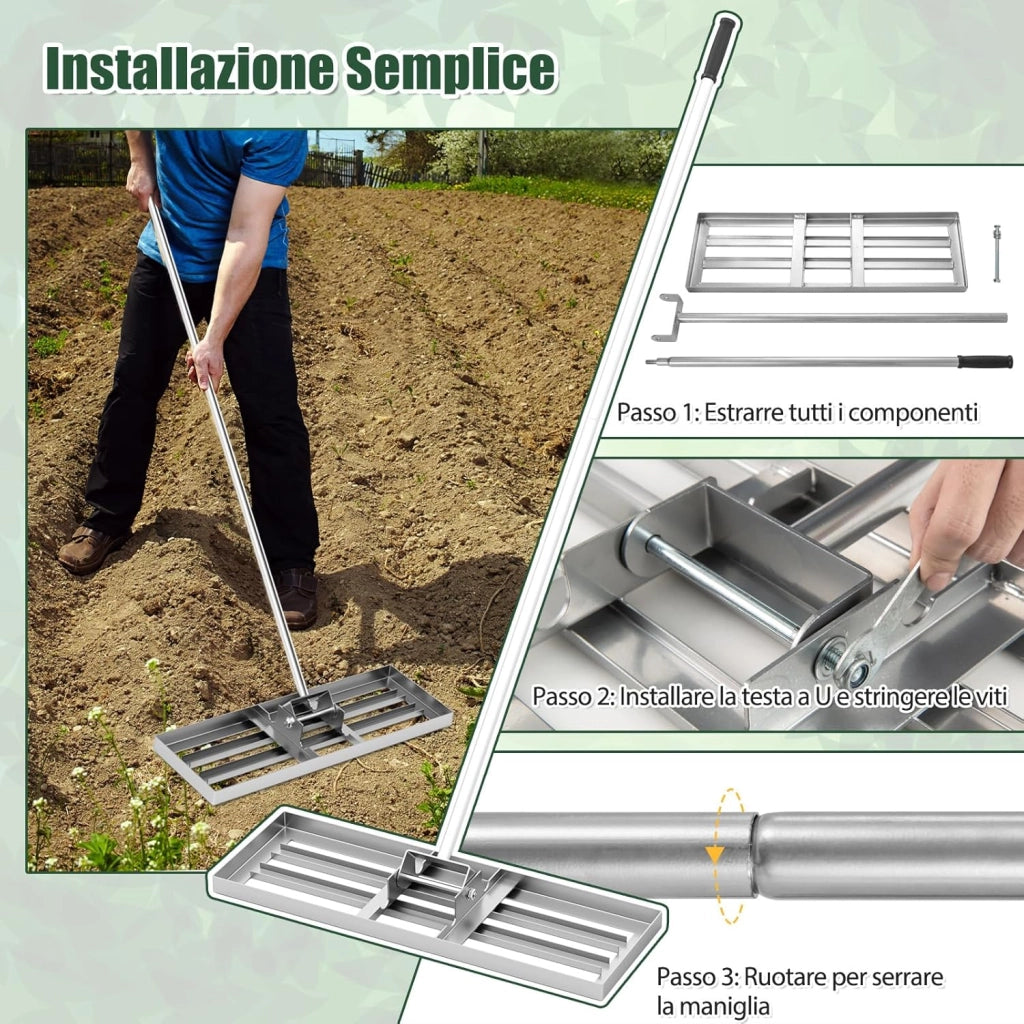 Rastrello Livellatore per Prato, Attrezzo per la Livellatura del Prato con Manico Ergonomico, Livellatrice per Giardino, Cortile, Campo da Golf, Fattoria e Pascolo (Argento 75 x 25 cm)