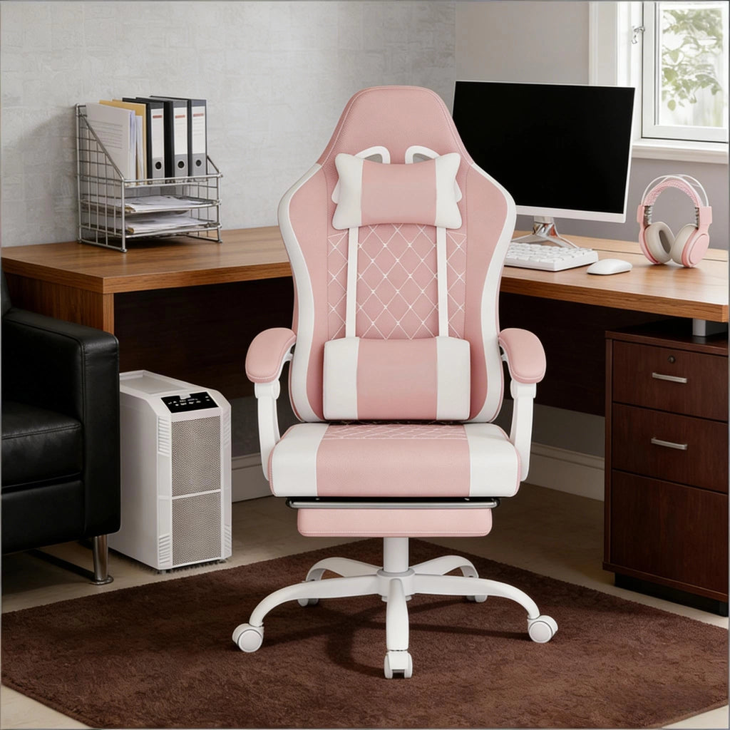 Sedia da ufficio ergonomica girevole con funzione massaggio, poggiapiedi e tessuto mesh rosa e bianco