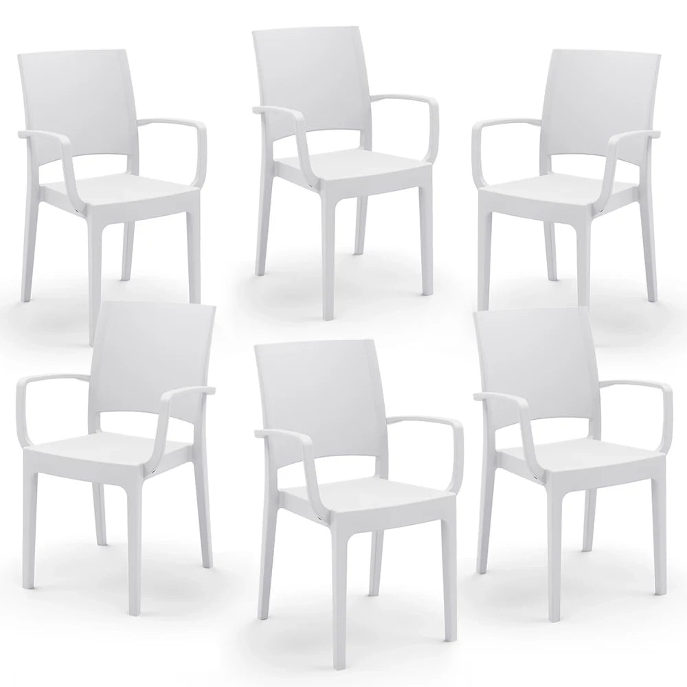 Set 6 sedie con braccioli in polipropilene FLORA, MADE IN ITALY, impilabile, resistente ai raggi UV, design moderno, ideale per interno ed esterno, colore Bianco