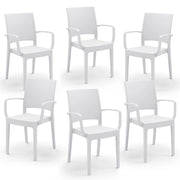 Set 6 sedie con braccioli in polipropilene FLORA, MADE IN ITALY, impilabile, resistente ai raggi UV, design moderno, ideale per interno ed esterno, colore Bianco