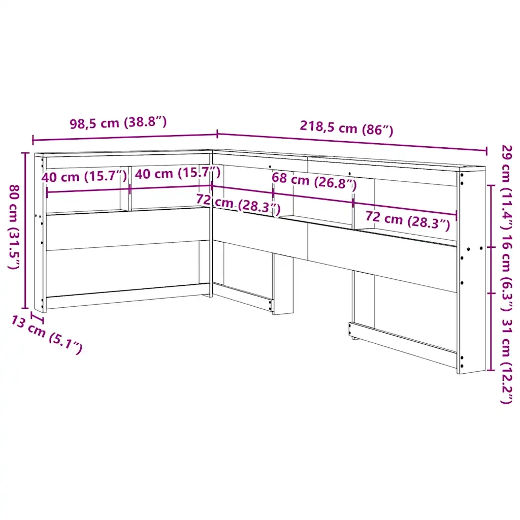 Testiera libreria a L-Testata contenitore 80 cm in Legno Massello di Pino