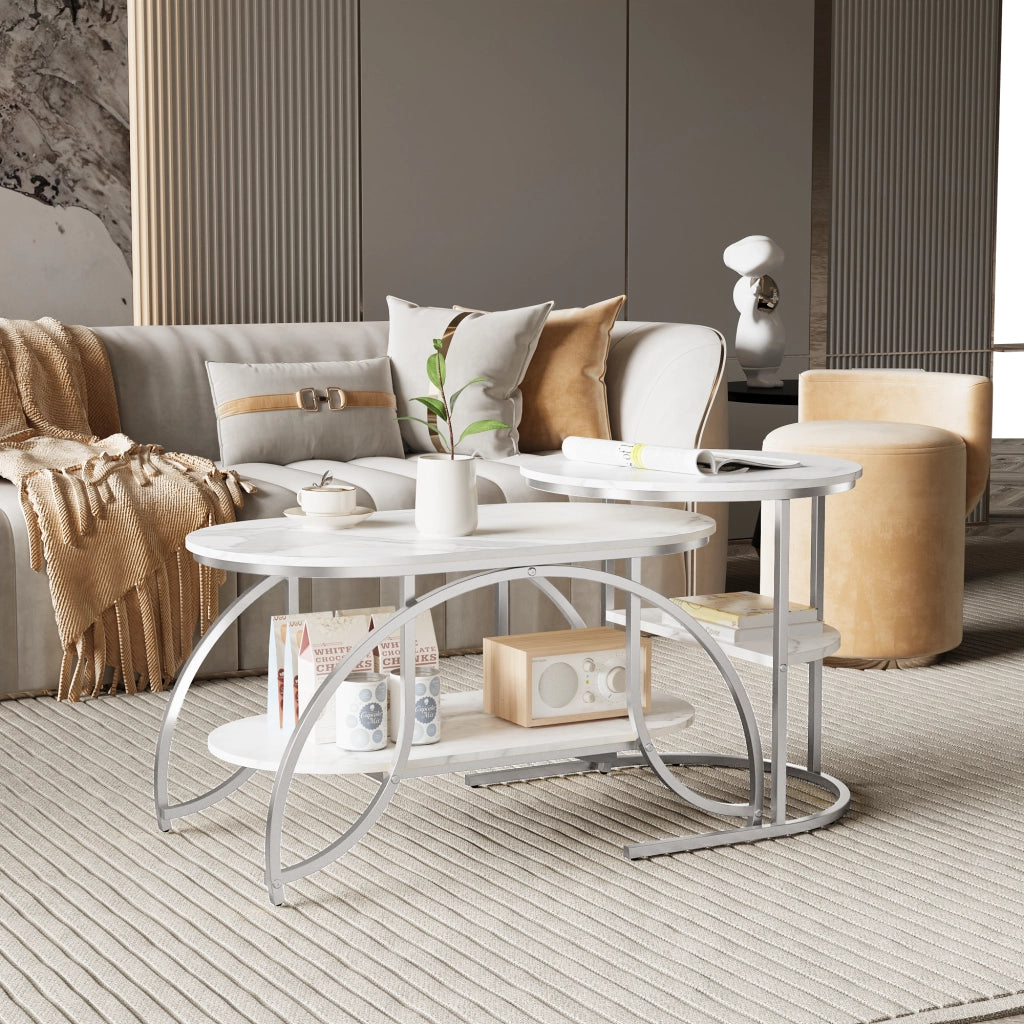 Tavolini da salotto set 2 pezzi 80x46x45 cm con contenitore pieghevoli da divano effetto marmo metallo - argento