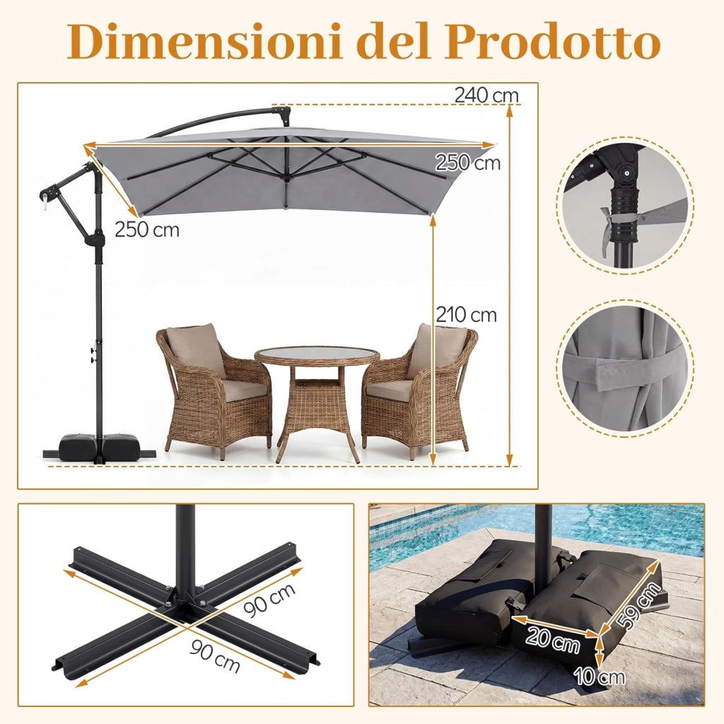 Ombrellone da Giardino 250 cm, Tettuccio Girevole e Ventilato | Protezione Solare, Resistente, Portatile, Sacchi di Sabbia, per Balcone, Esterno, Spiaggia (Grigio, 0 Luce LED)