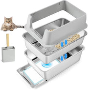 Cassetto per gatti in acciaio inossidabile, cassetto per gatti semiaperto con cassetto, setaccio e cucchiaio, non aderente, inodore, facile da pulire