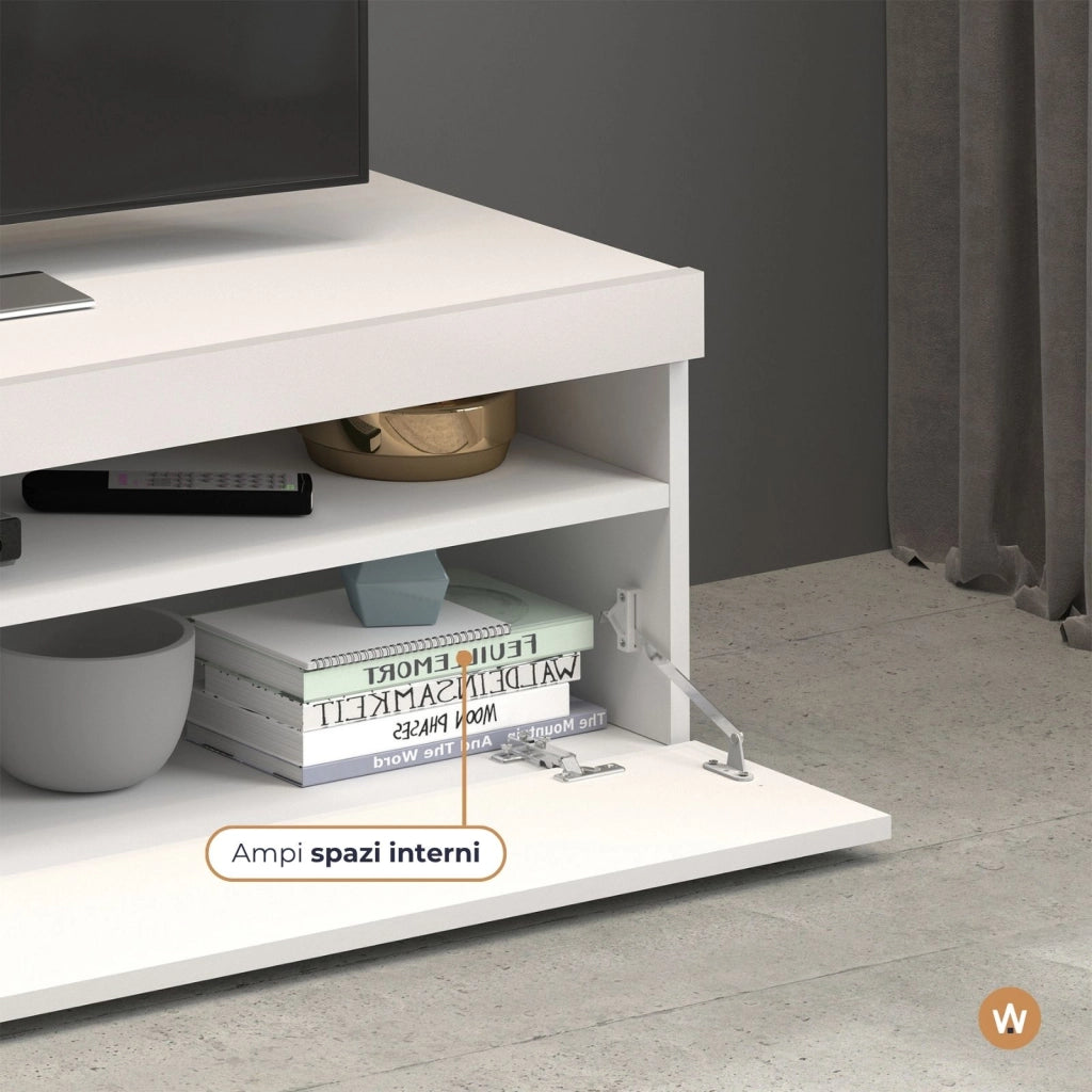 WHOUS Mobile porta tv Potenza con 1 anta laterale e 1 anta a ribalta bianco lucido 130x40x36 cm