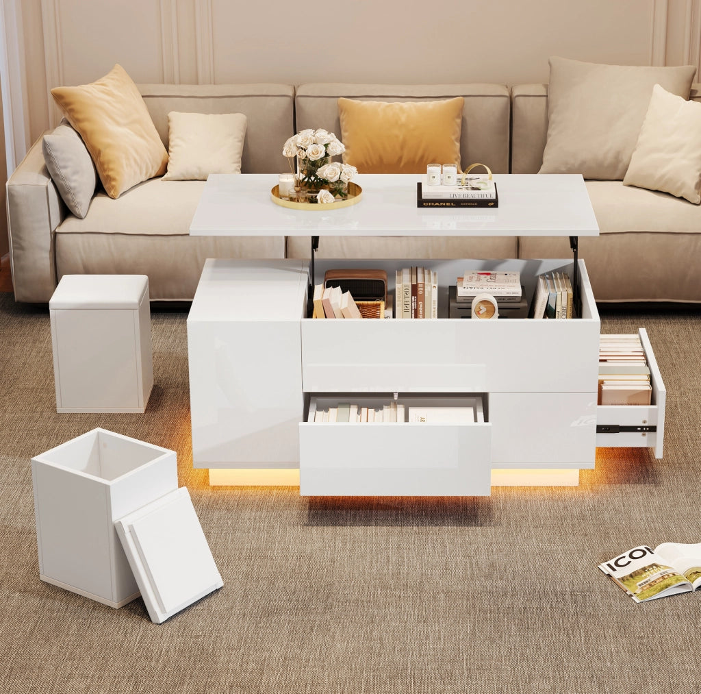 Tavolino da salotto sollevabile con LED, 2 cassetti e 2 pouf contenitore
