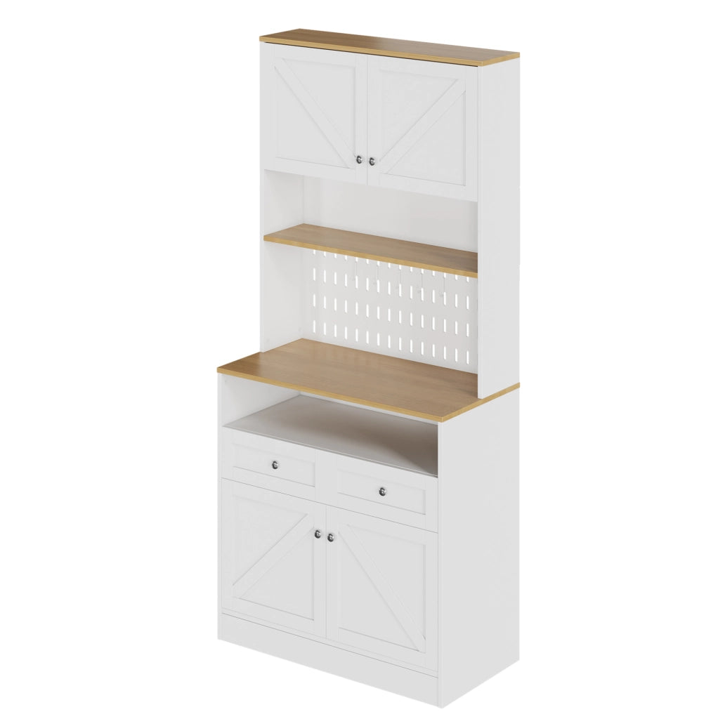 Sideboard 80x40x175 cm con pannello forato e ante stile fienile in MDF e pannelli di particelle bianco e naturale