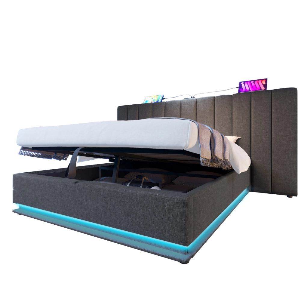 Letto contenitore 160x200 grigio con LED, ricarica USB-C e rete a doghe