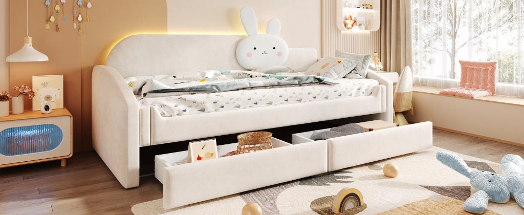 DESMIU Letto bambino 90 × 200 cm con LED, 2 cassetti, senza materasso, in velluto, beige