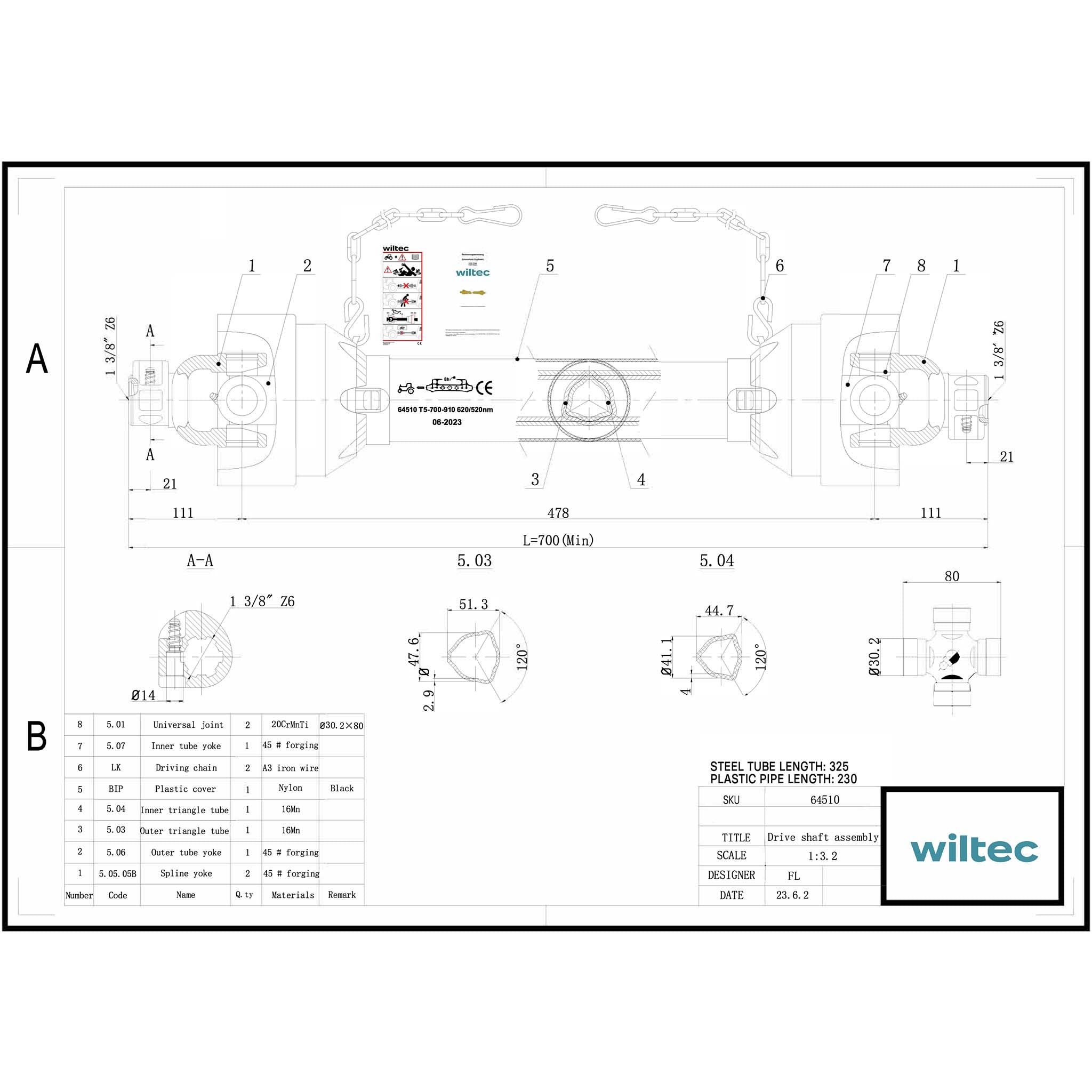 Albero cardanico T5 Giunto cardanico 700mm 620Nm 540rpm Cardano 54kW (74CV) 2x 1 3/8" 6 denti