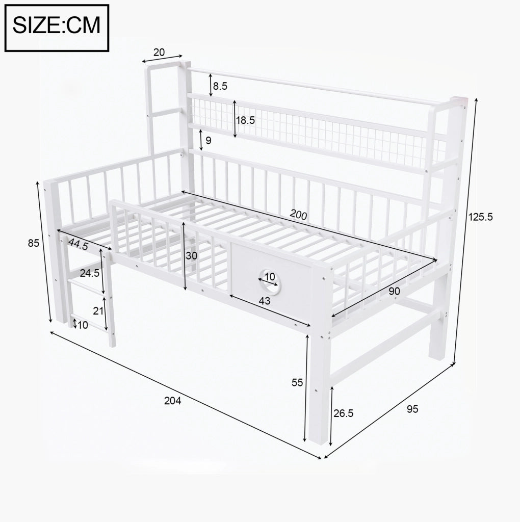 Letto a soppalco basso per bambini 90x200 cm in metallo con sponde di sicurezza e contenimento