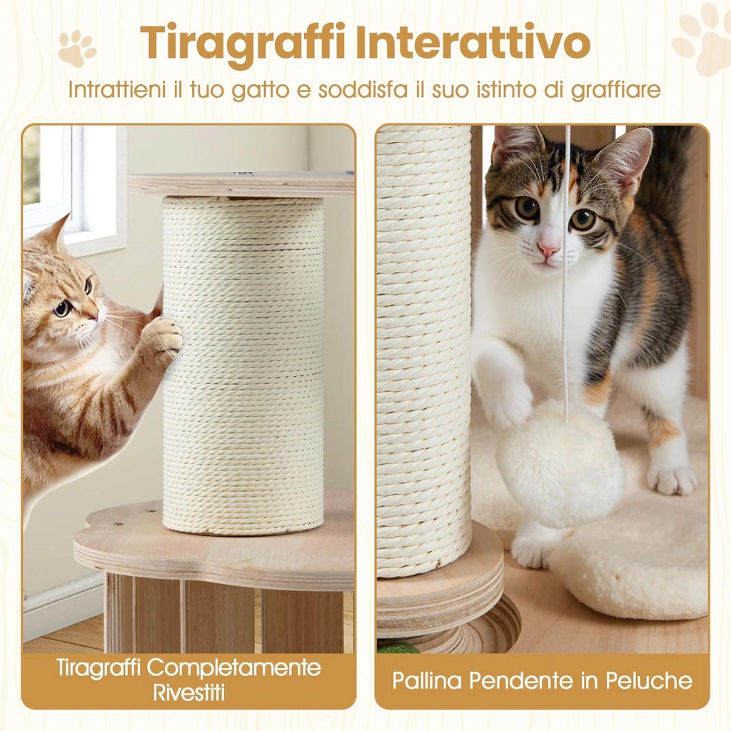 Albero per Gatti Alto 74 cm, Tiragraffi per Gatti in Legno con Condo, Capsula Spaziale, Tiragraffi, Gioco Interattivo con Pista per Palline in Legno, Pallina Appesa e Tappetino Lavabile