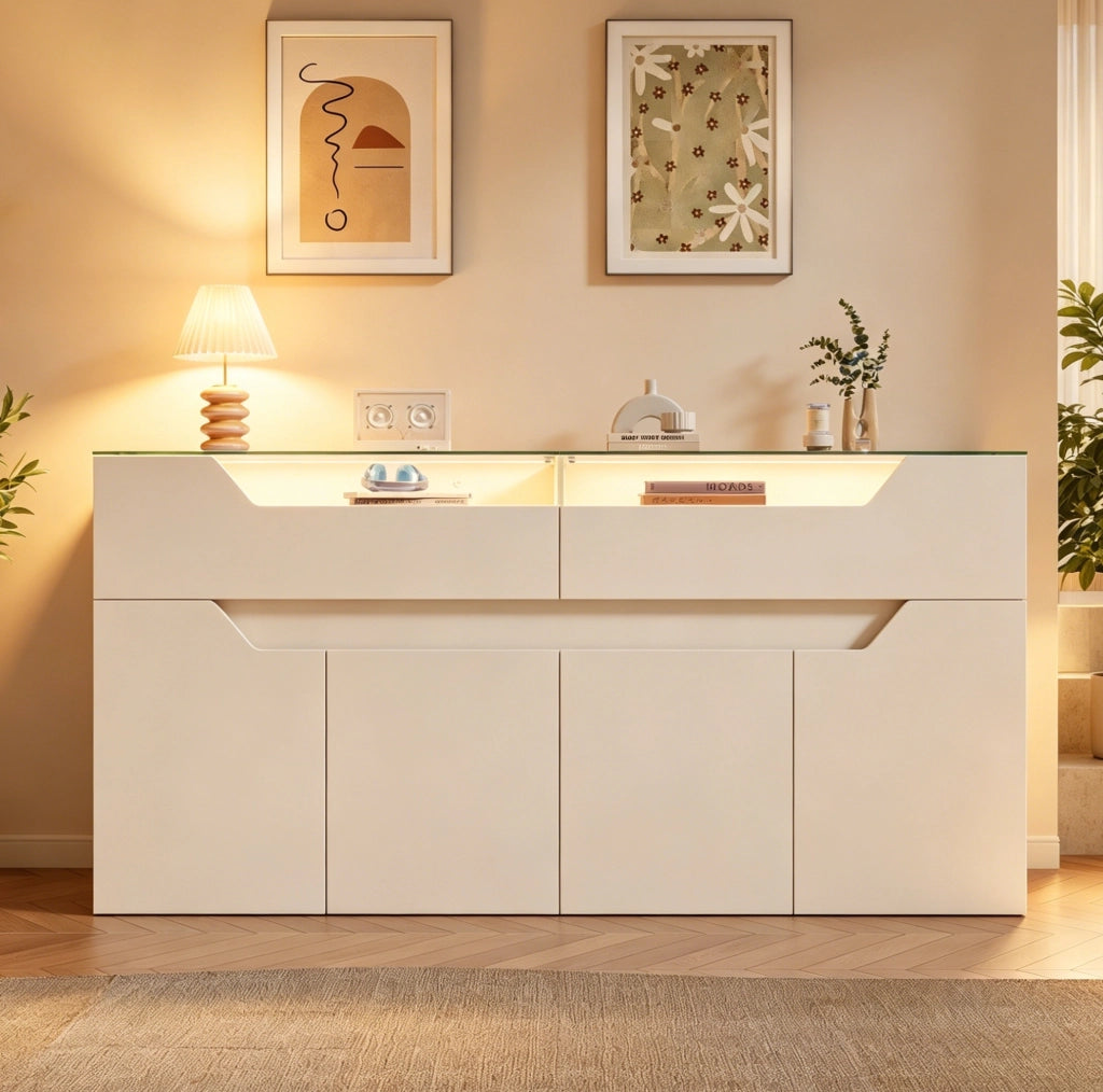 Credenza 140x40x70 cm in MDF bianco con piano in vetro temperato， 2 cassetti e LED