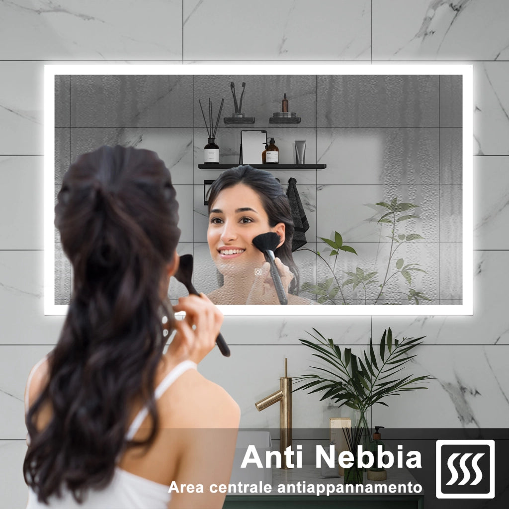 AICA Specchio da bagno  100 x 60 cm, dimmerabile, Funzione Memoria, antiappannamento, 3 colori