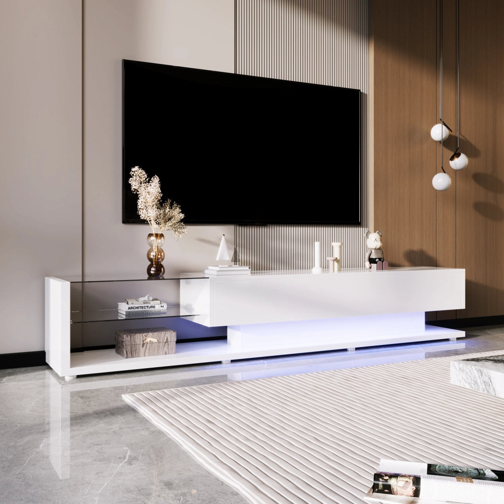 Mobile TV con 2 Cassetti; 2 Ripiani in Vetro e LED Regolabile; Bianco Lucido; 170??36??38 cm; in Truciolare