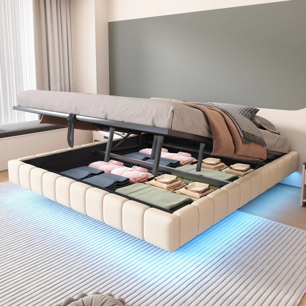 Letto matrimoniale sospeso imbottito 180x200 cm con contenitore; LED; beige in lino