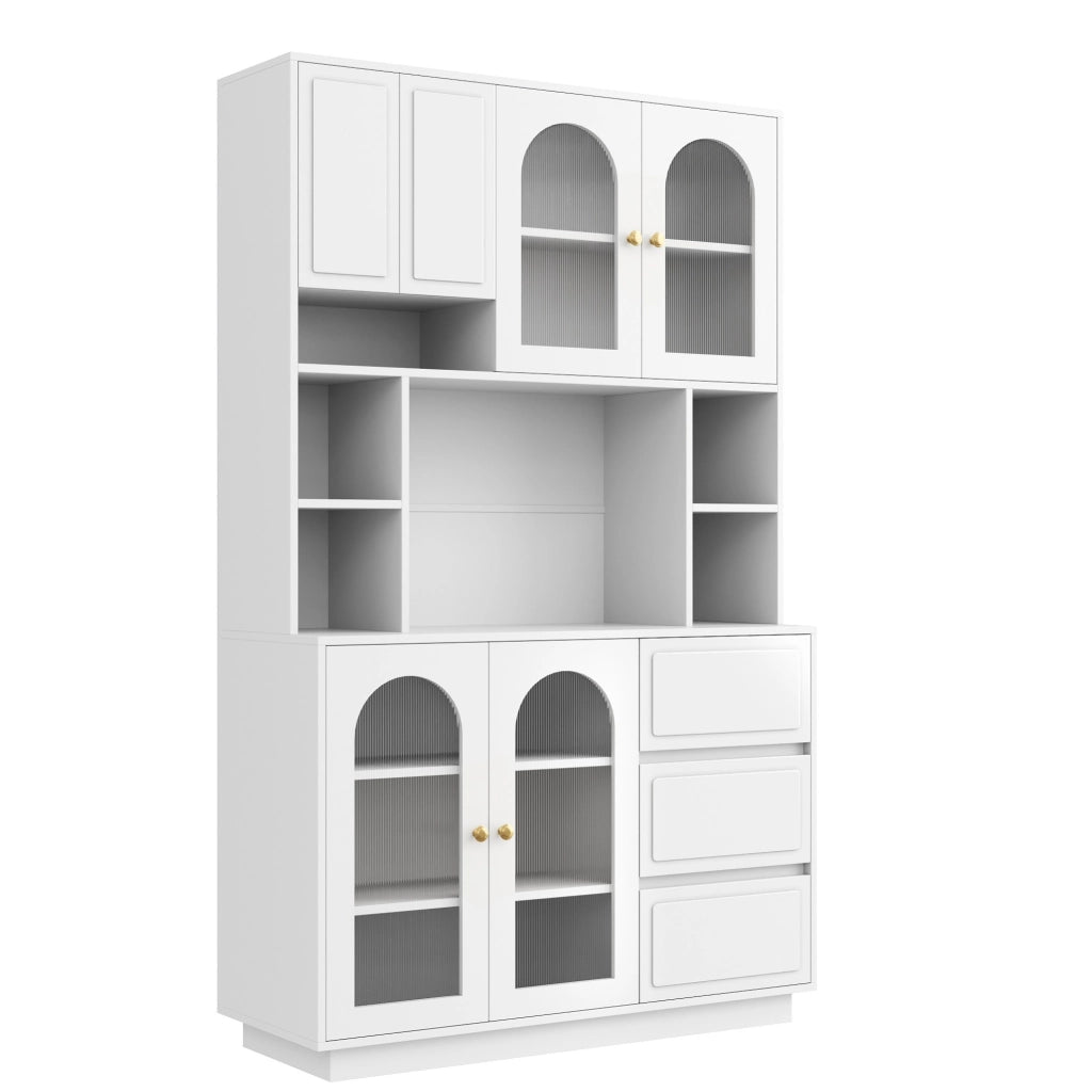 Credenza alta bianca con LED APP, ante acriliche e 3 cassetti