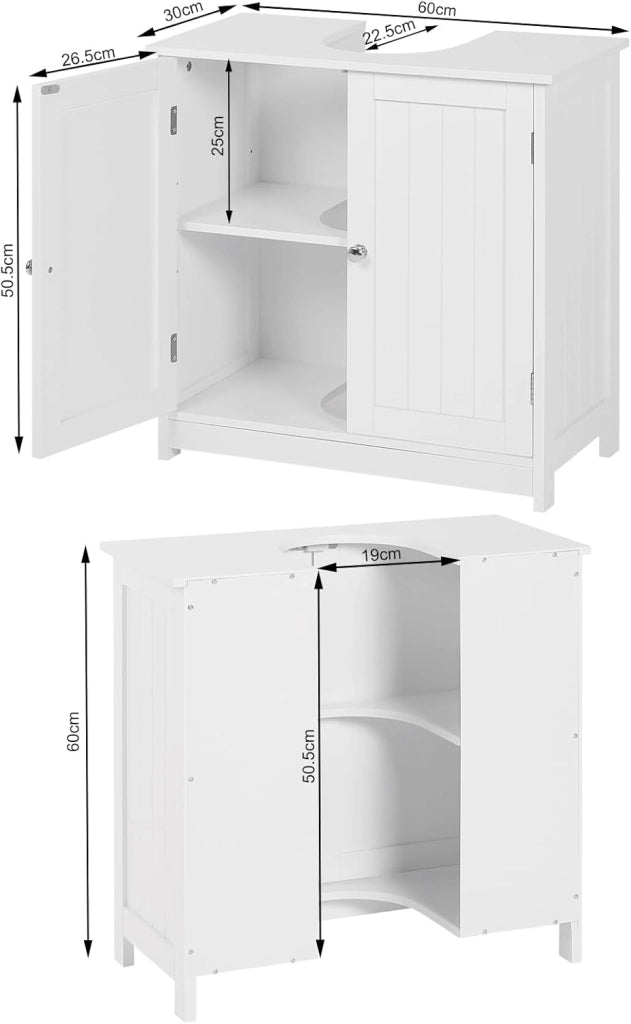 Mobile Sottolavabo per Bagno Mobiletto a Terra Sottolavandino Armadietto Bianco a Due Ante con Ripiani in MDF