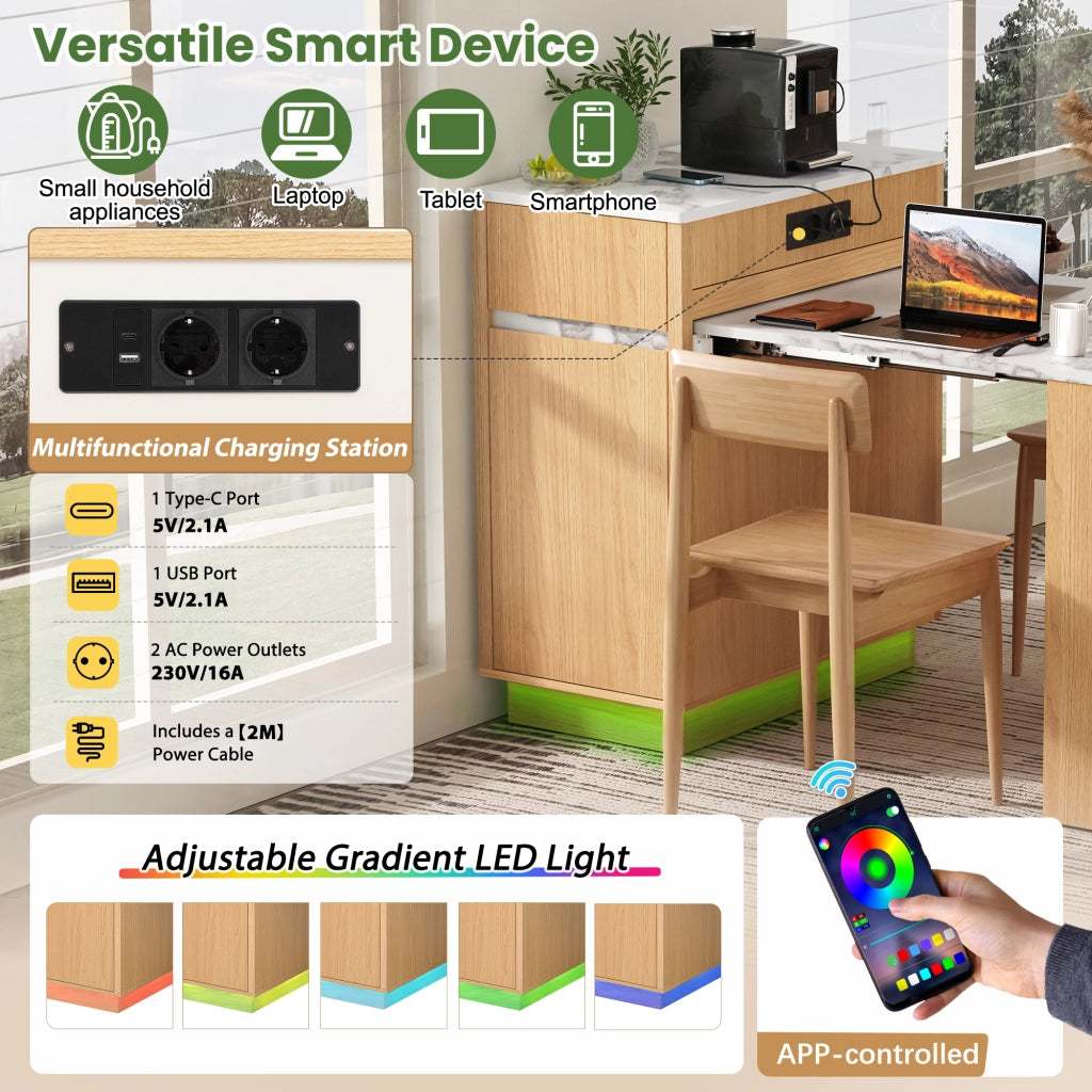 Tavolo allungabile multifunzionale con LED, ripiani e cassetti per cucina e zona pranzo, colore naturale 58 × 154 × 94 cm
