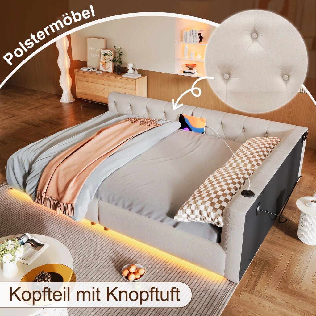 DESMIU Divano letto 140 × 200 cm 1 piazza con USB, Type-C, LED regolabile e senza materasso, in lino beige