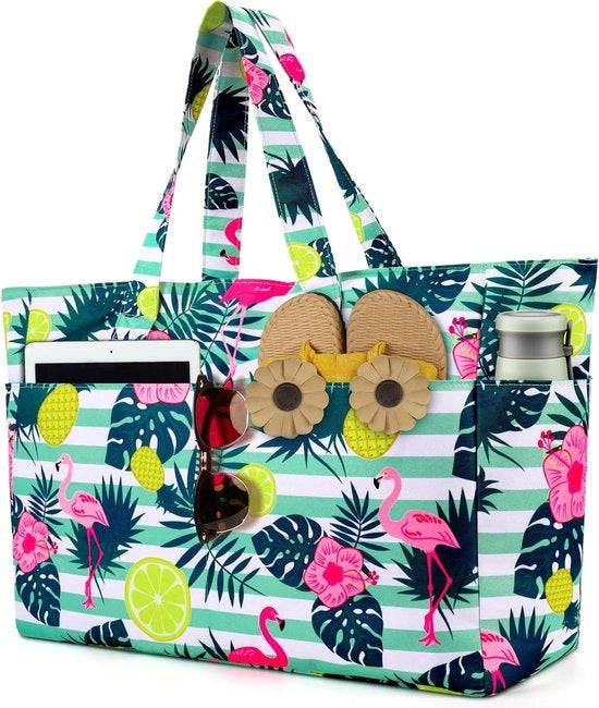 Borsa da spiaggia grande e impermeabile con chiusura a zip - leggera e pieghevole con grande capacità - utilizzo multiuso per donne - ideale per piscina e shopping