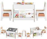 Set Tavolino Bambini con 2 Sedie per Bambini, Tavolo e Sedie 4 in 1 con Piano Doppa Faccia, Librerie Laterali e Scatola in Tessuto, Mobile Salvaspazio per Asilo e Cameretta (Naturale, Stile 2)