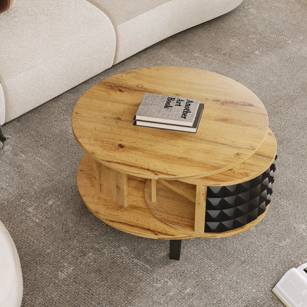 Tavolino da Salotto Girevole con Piano a 2 Livelli e Vano Nascosto 360°; Stile Moderno; in Pannello Truciolare; Naturale