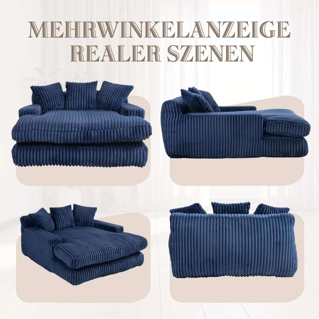 OKWISH Chaise Longue in Velluto a Coste, Design Ergonomico con 3 Cuscini e Seduta a Pavimento, Blu Navy 125 x 155 x 63 cm