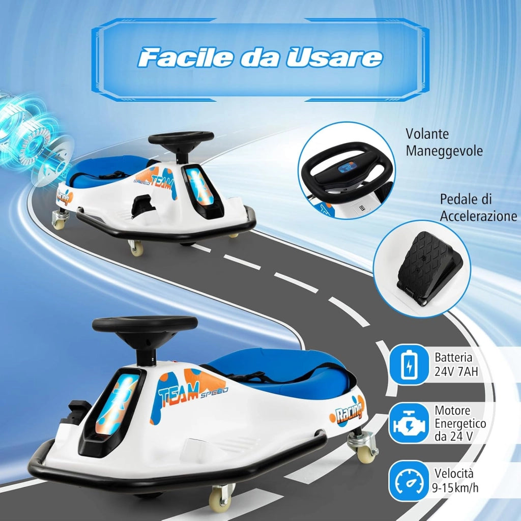 24 V Go Kart per bambini, Auto Drift con Giro a 360°, con Connessione Wireless USB Radio Musica e 3 Bandierine, Avviso Lento, 9-15 km/h, per Bambini 3+ Anni