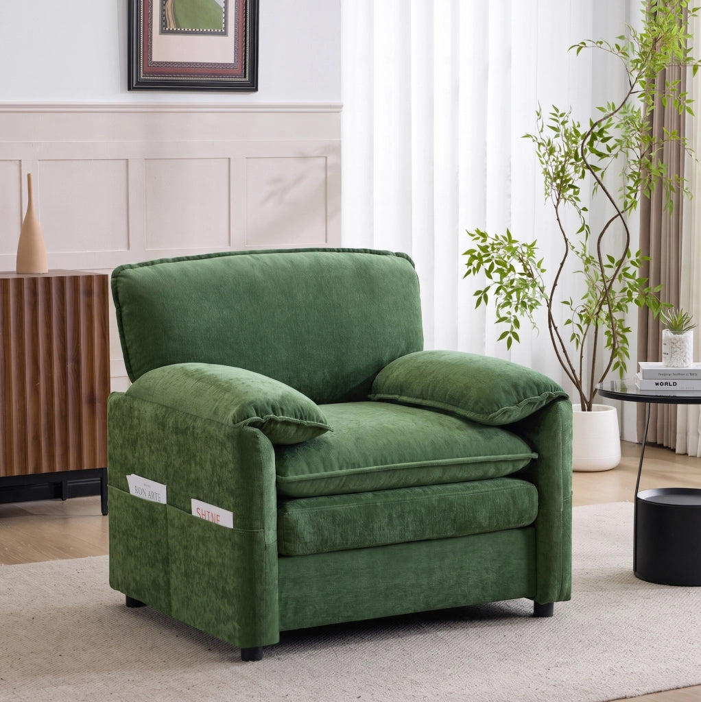 Poltrona rétro 96x90x92 cm verde scuro con doppia tasca, tessuto chenille