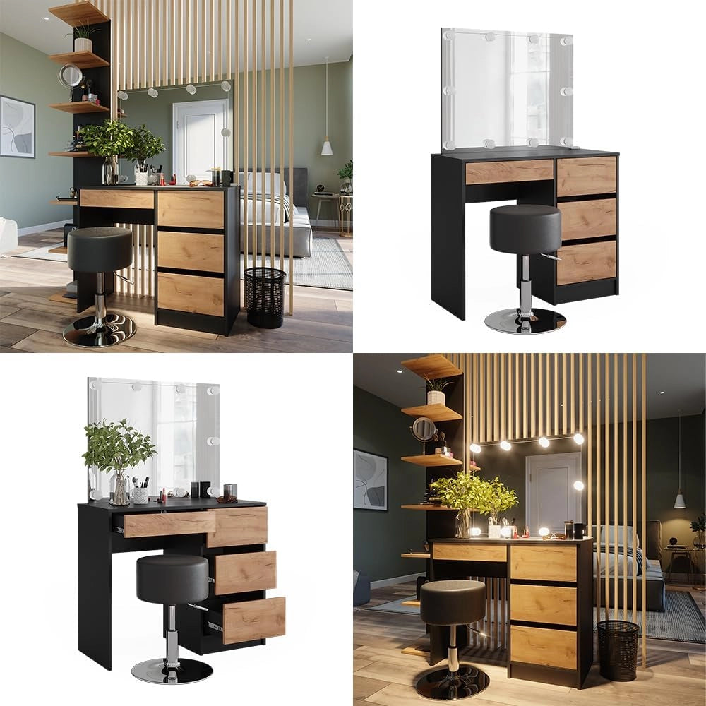 Tavolo da toilette Sherry, Antracite/quercia dorata, 90 x 75 cm con specchio, illuminazione LED e sgabello, con illuminazione a LED e panca imbottita